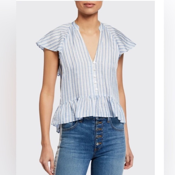 Veronica Beard Tops - Veronica Beard Maple White Blue Linen Silk Striped Flutter Sleeve Blouse size 0